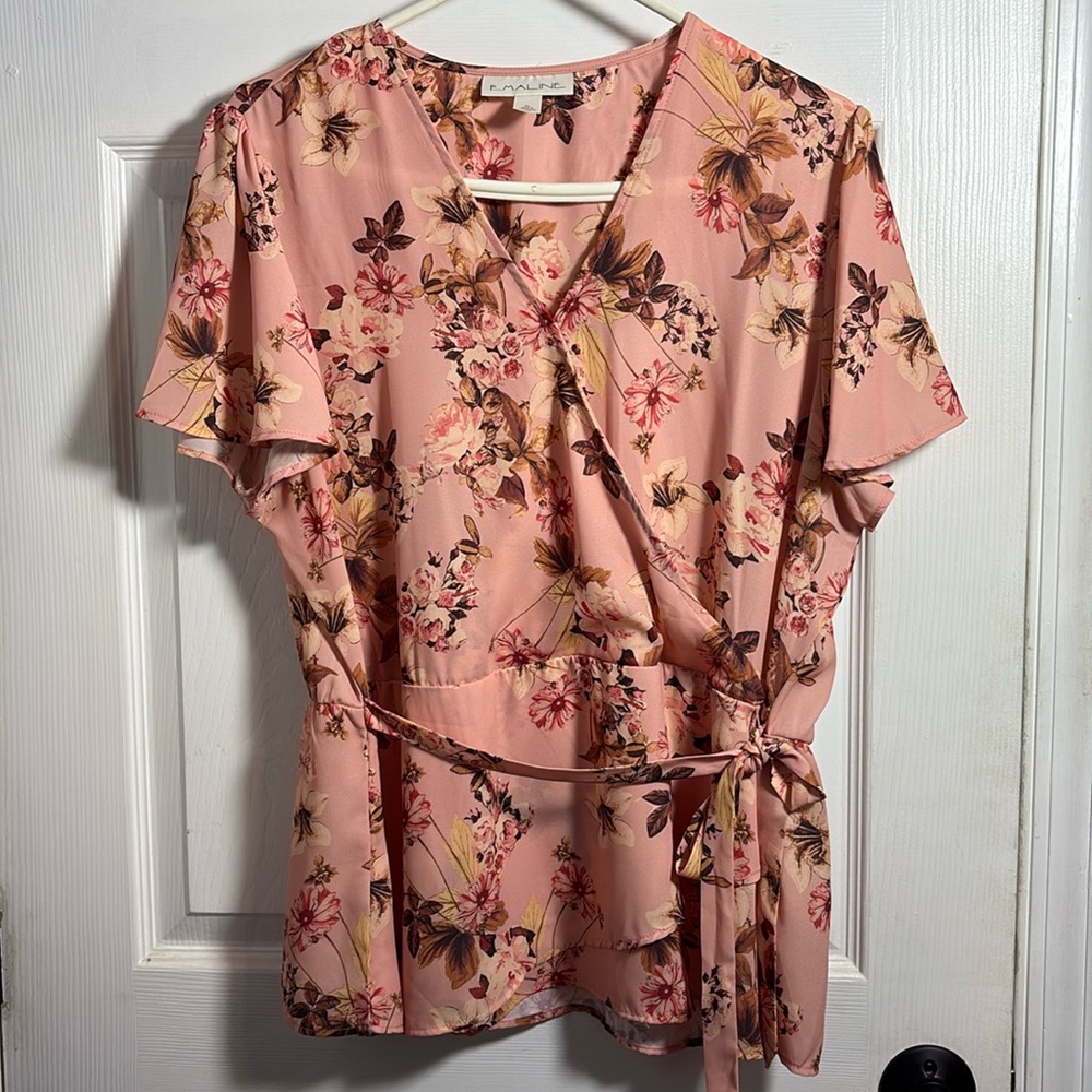 Emaline Blush Pink Floral Wrap Blouse Top XL